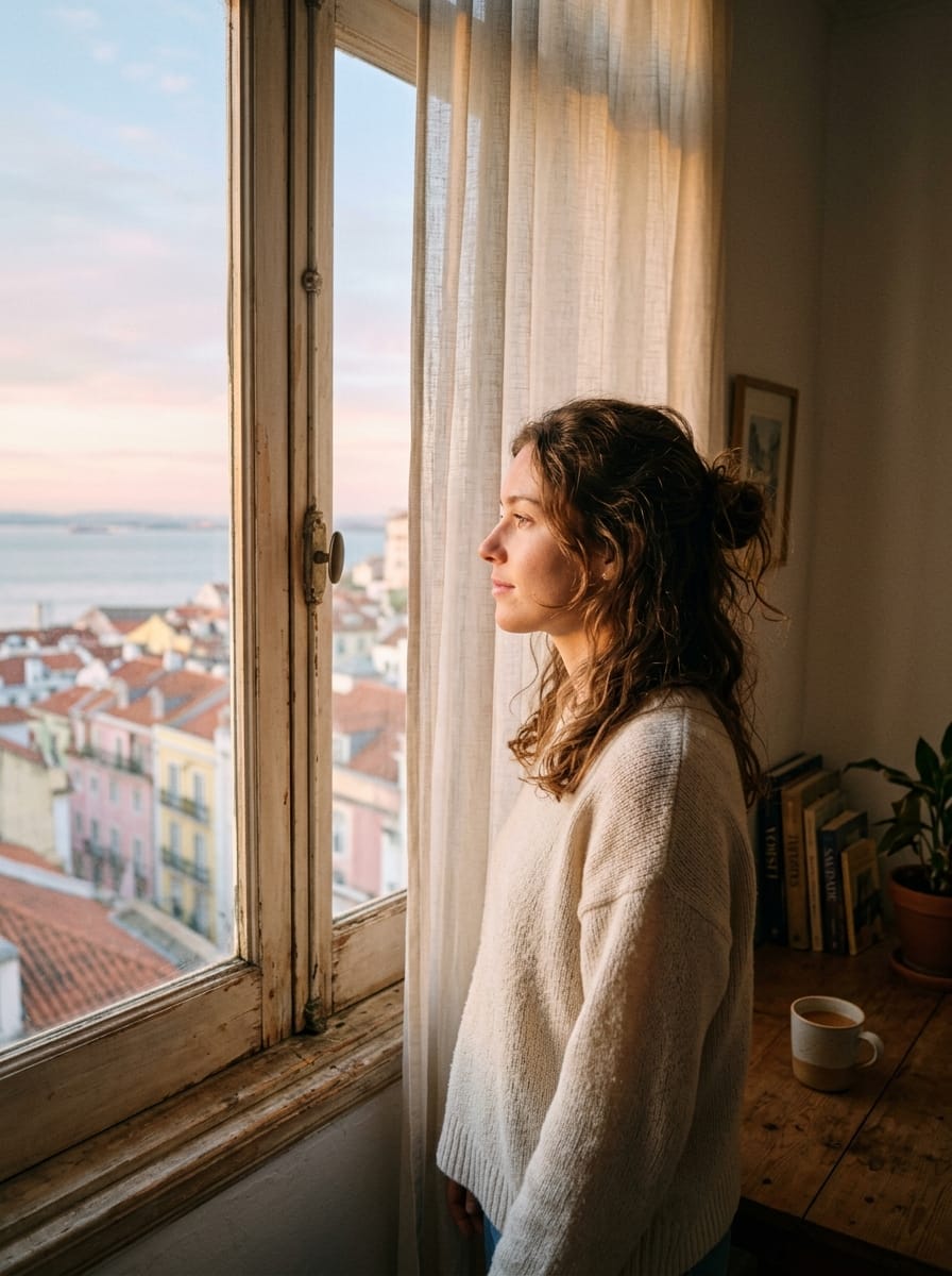 A young woman by a tall window in a sunlit Lisbon apartment at dawn