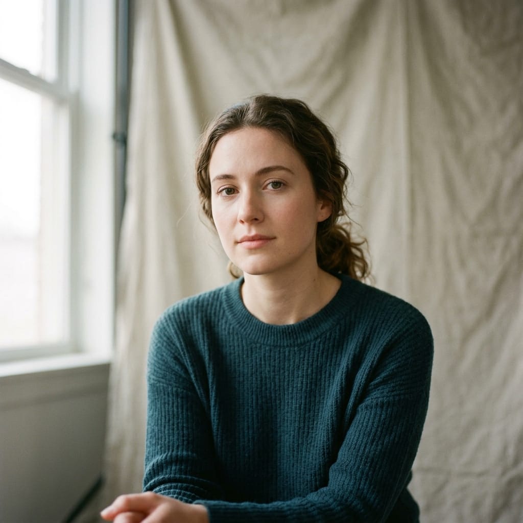 A close studio portrait against a soft neutral backdrop, calm direct gaze