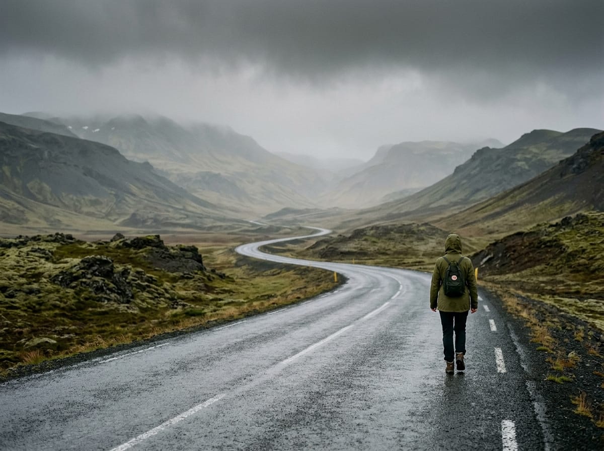 A lone figure walking a wet empty road through misty Icelandic highlands