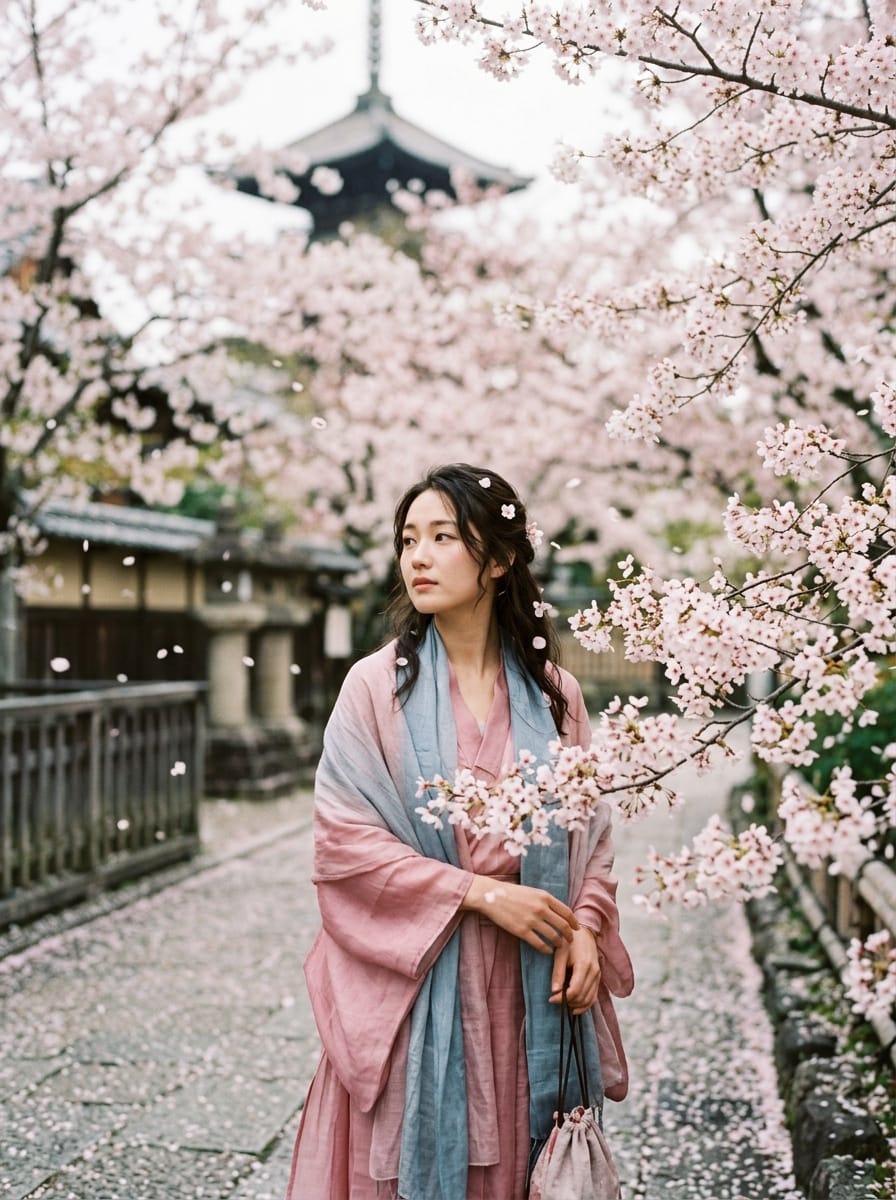 A fashion editorial portrait among blossoming cherry trees, pink petals drifting