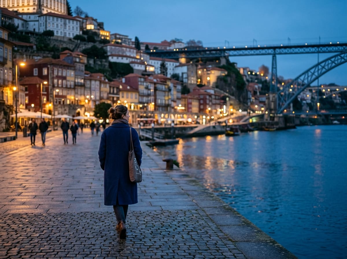 The Porto riverfront at blue hour, tiled facades reflected in the Douro