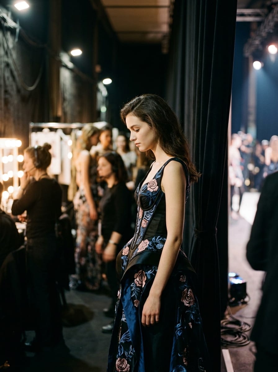 A model waiting backstage at a Paris fashion show, mirror bulbs glowing