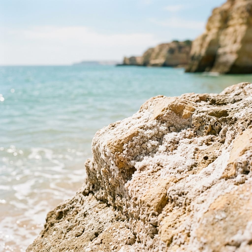 Sun-bleached, salt-crusted rocks along the turquoise Algarve coastline