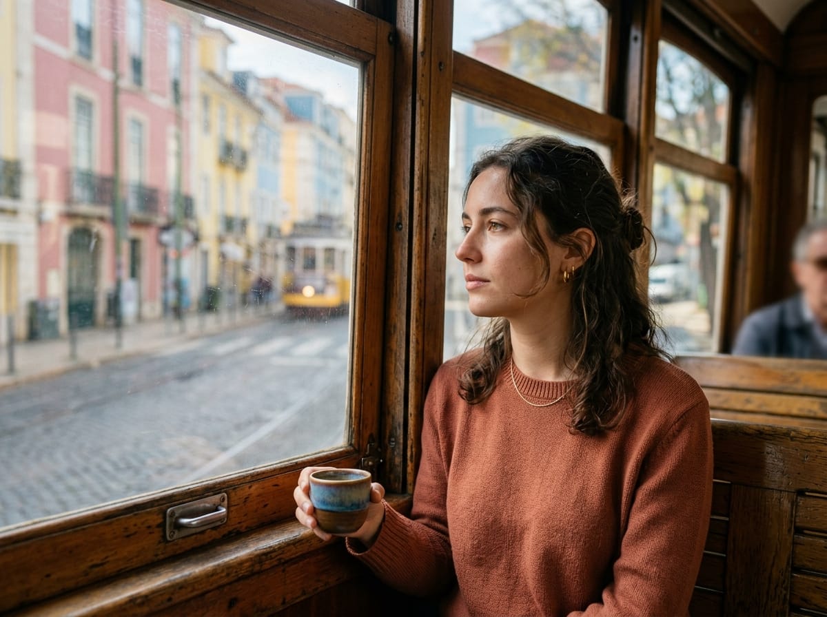 A passenger by a tram window, the city of Lisbon blurring past outside