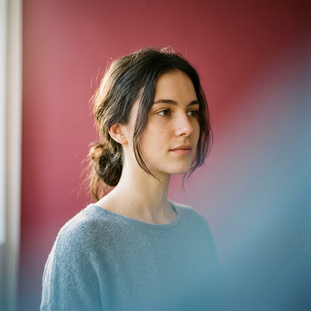 An editorial colour-study portrait against a rose and cool-blue backdrop