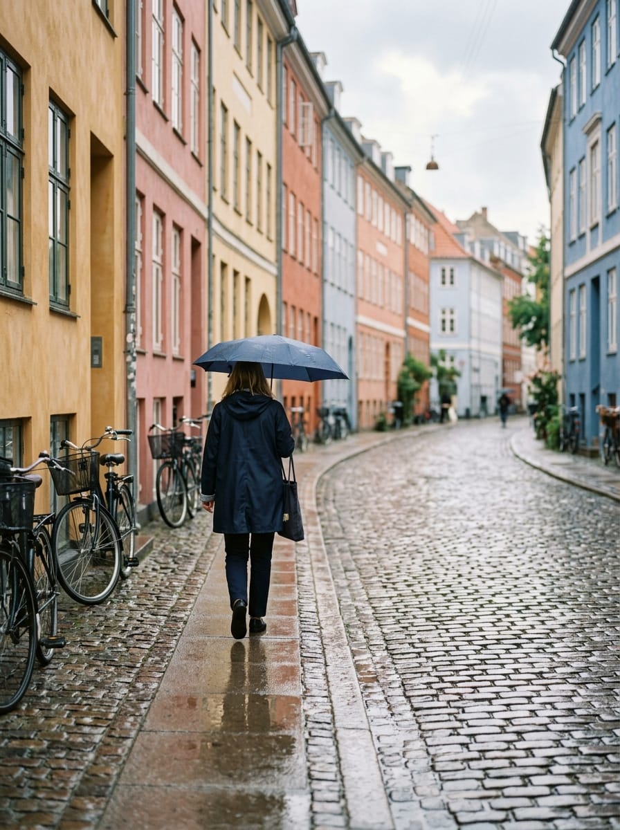 A wet Copenhagen street after rain, pastel facades reflected on cobblestones