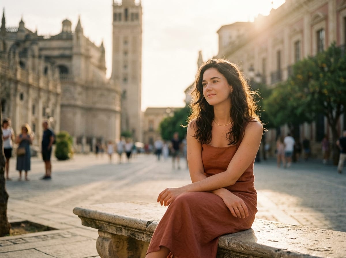 A golden-hour portrait in Seville, low sun raking across an old plaza